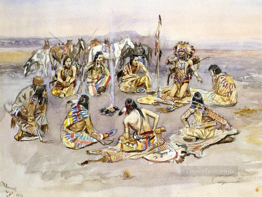 conseil de guerre 1896 Charles Marion Russell Indiens d’Amérique Peintures à l'huile